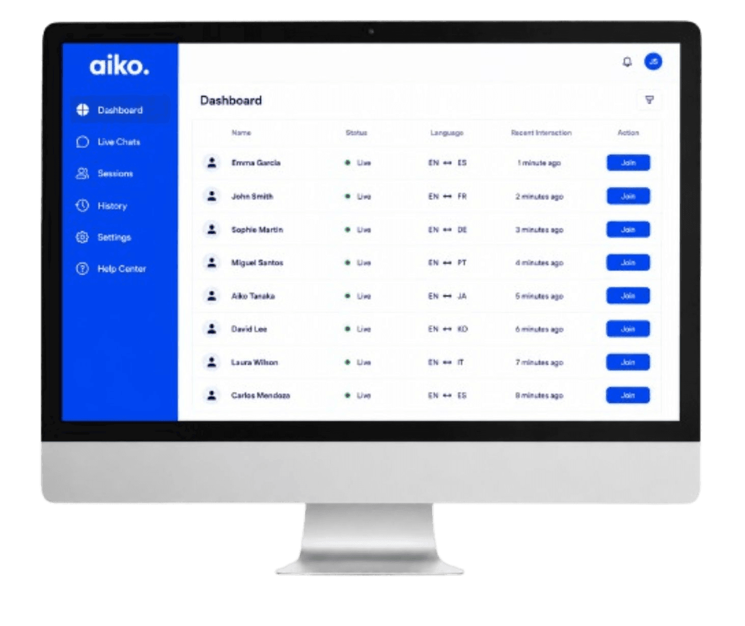 The Aiko admin dashboard listing live translation sessions and their languages.